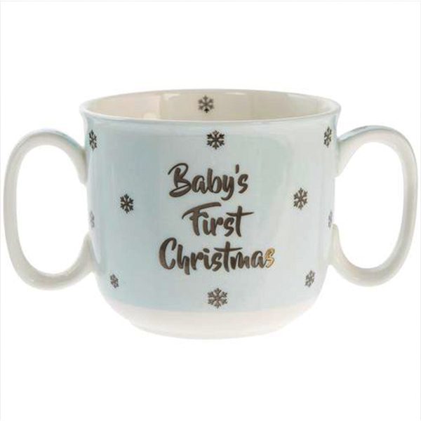 babys first christmas blue double handled mug