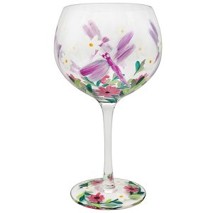 Hand Painted Pink Dragonfly Flower Gin Glass