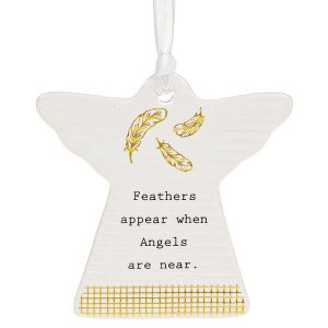 'Feathers Appear When Angels Are Near' Ceramic Guardian Angel Hanging Plaque - Thoughtful Words