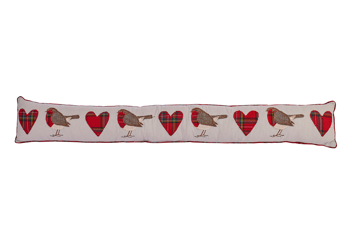 Embroidered Robin Tarten Heart Draught Excluder - Langs