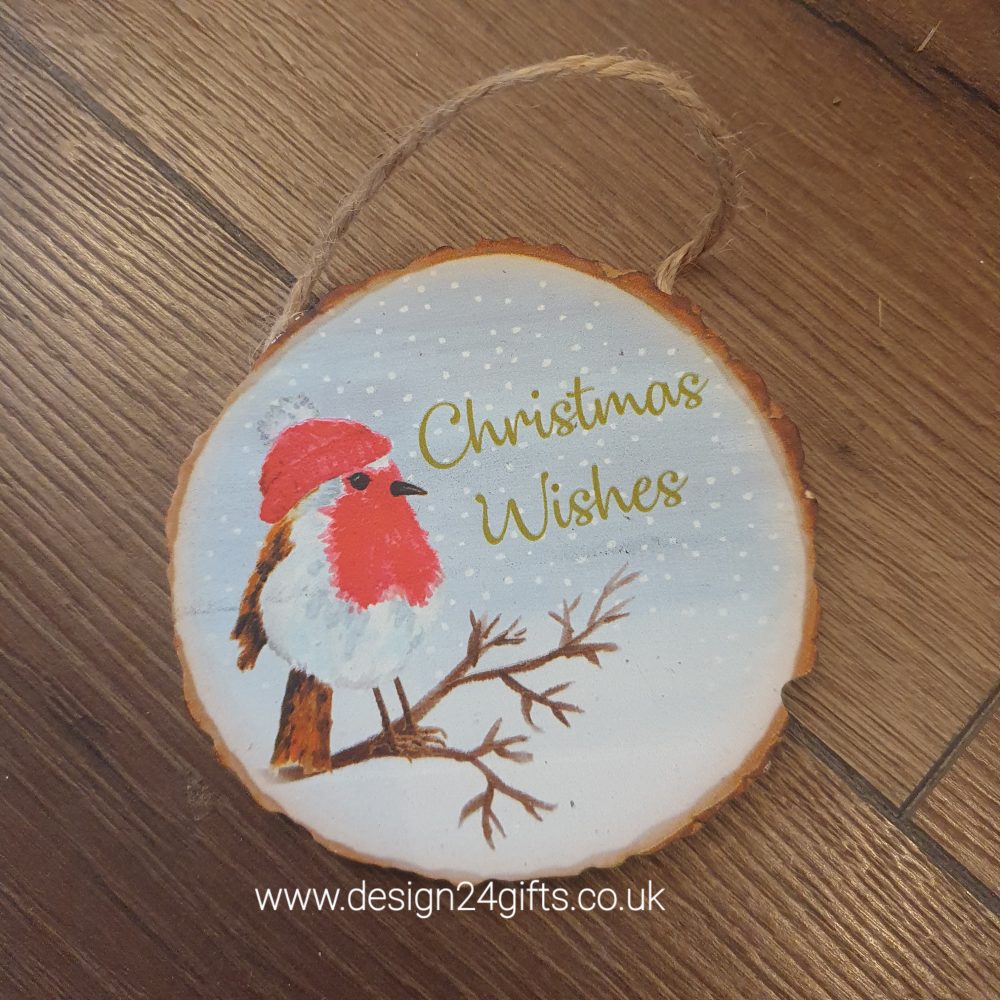 Woodland Robin Wooden Hanging Plaque 'Christmas Wishes' - Langs