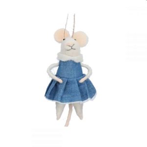 Felted Wool Mouse with Blue Dress Hanging Decoration, 14 cm - Gisela Graham