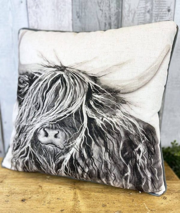Greyscale Highland Cow Cushion - Langs