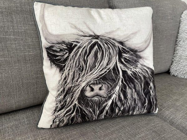 Greyscale Highland Cow Cushion - Langs