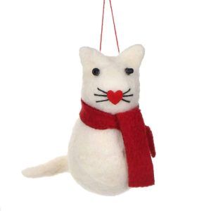 White Wool Cat with Scarf Decoration - Gisela Graham