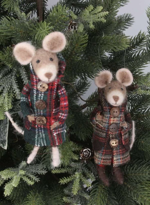 Wool Mouse in Plaid Coat Decoration, Brown red green - Gisela Graham