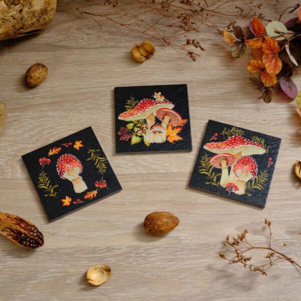 Set of 3 Slate Coasters with Rustic Toadstool and Woodland Animals ...