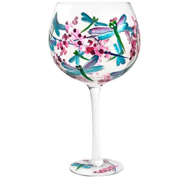 Hand Painted Blue Dragonfly Flower Gin Glass