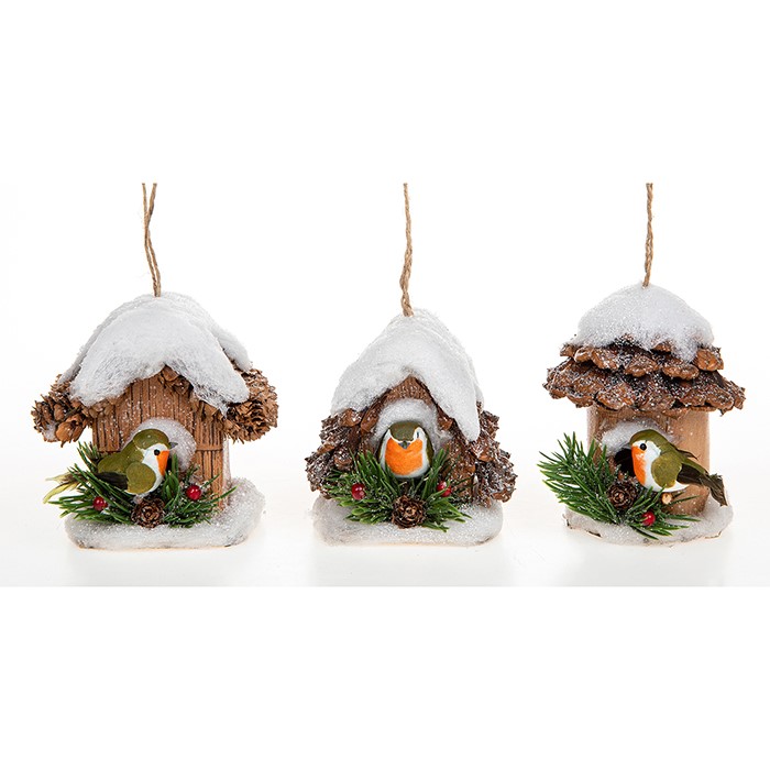 Snowy Pine Christmas Robin Bird House Hanging Decoration, 10 x 9 cm - Shudehill