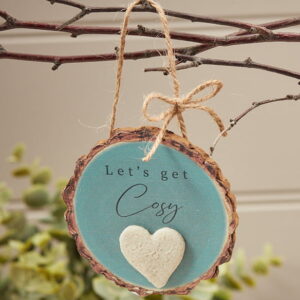 'Lets Get Cosy' Rustic Bark Hanging Pebble Plaque - Langs