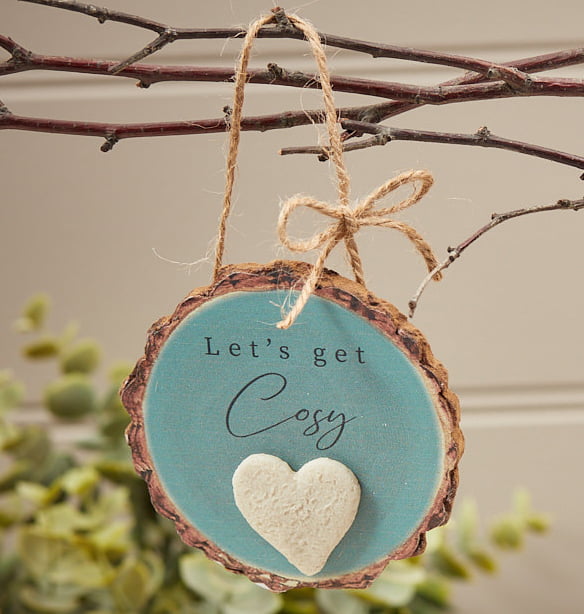 'Lets Get Cosy' Rustic Bark Hanging Pebble Plaque - Langs