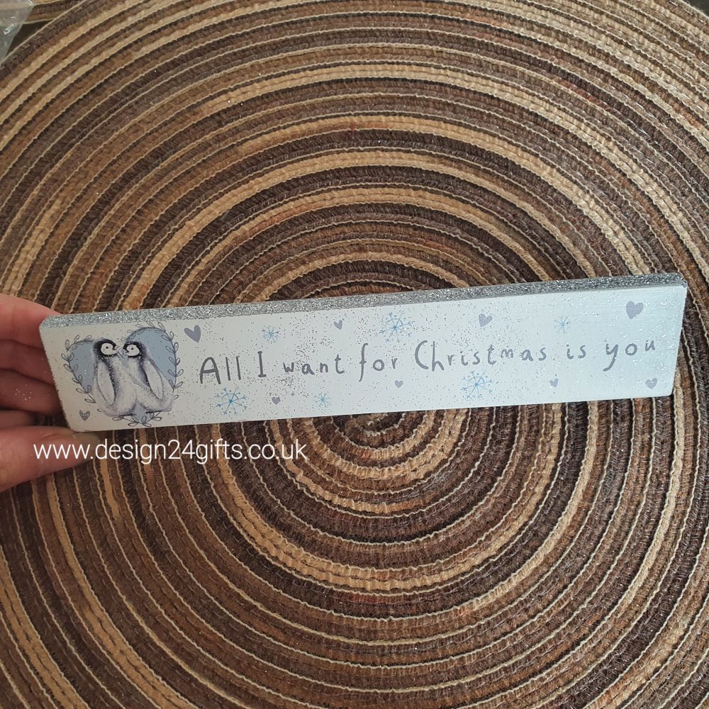 Penguins 'All I Want For Christmas Is You' Winter Glitter Standing Block Plaque - Langs