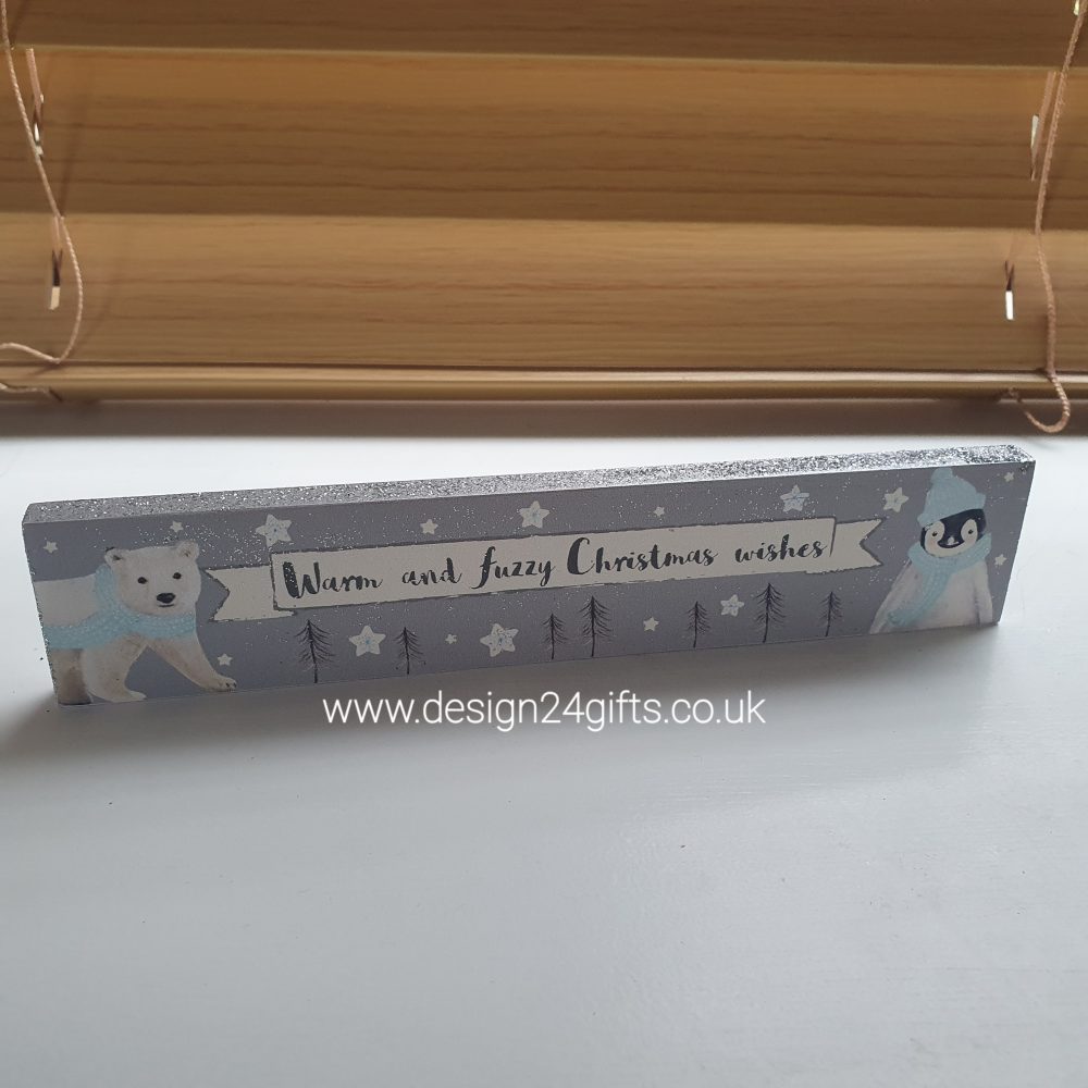 Penguin and Polar Bear 'Warm and Fuzzy Christmas Wishes' Winter Glitter Standing Block Plaque - Langs