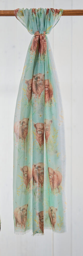 Green Floral Highland Cow Scarf - Langs