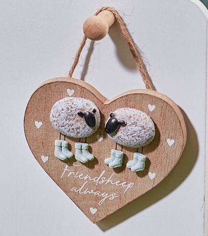 'Friendsheep Always' Pebble Sheep Wooden Hanging Heart - Langs