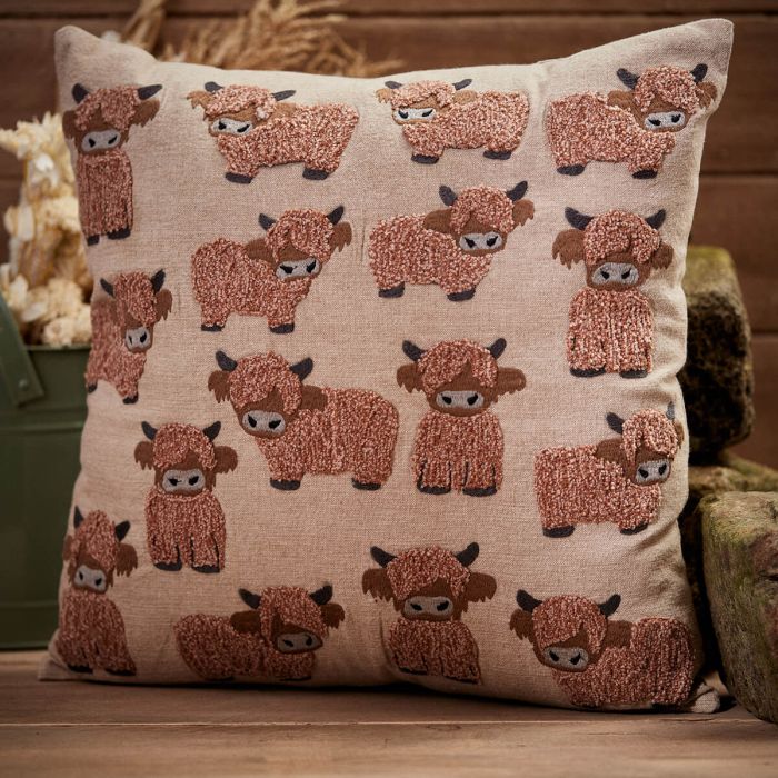 Embroidered Dougal Highland Cow 100% Cotton Cushion - Langs