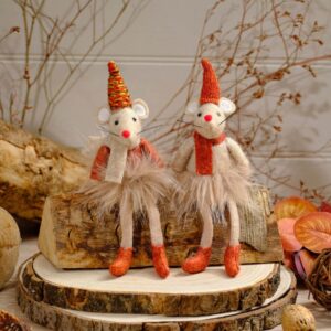 Set of 2 Mice Shelf Sitters with Dangly Legs and Hat and Scarf