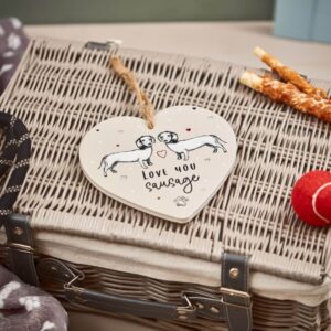 ‘Love You Sausage’ Dachshund Sketchy Hanging Heart Beige Ceramic Plaque - Langs