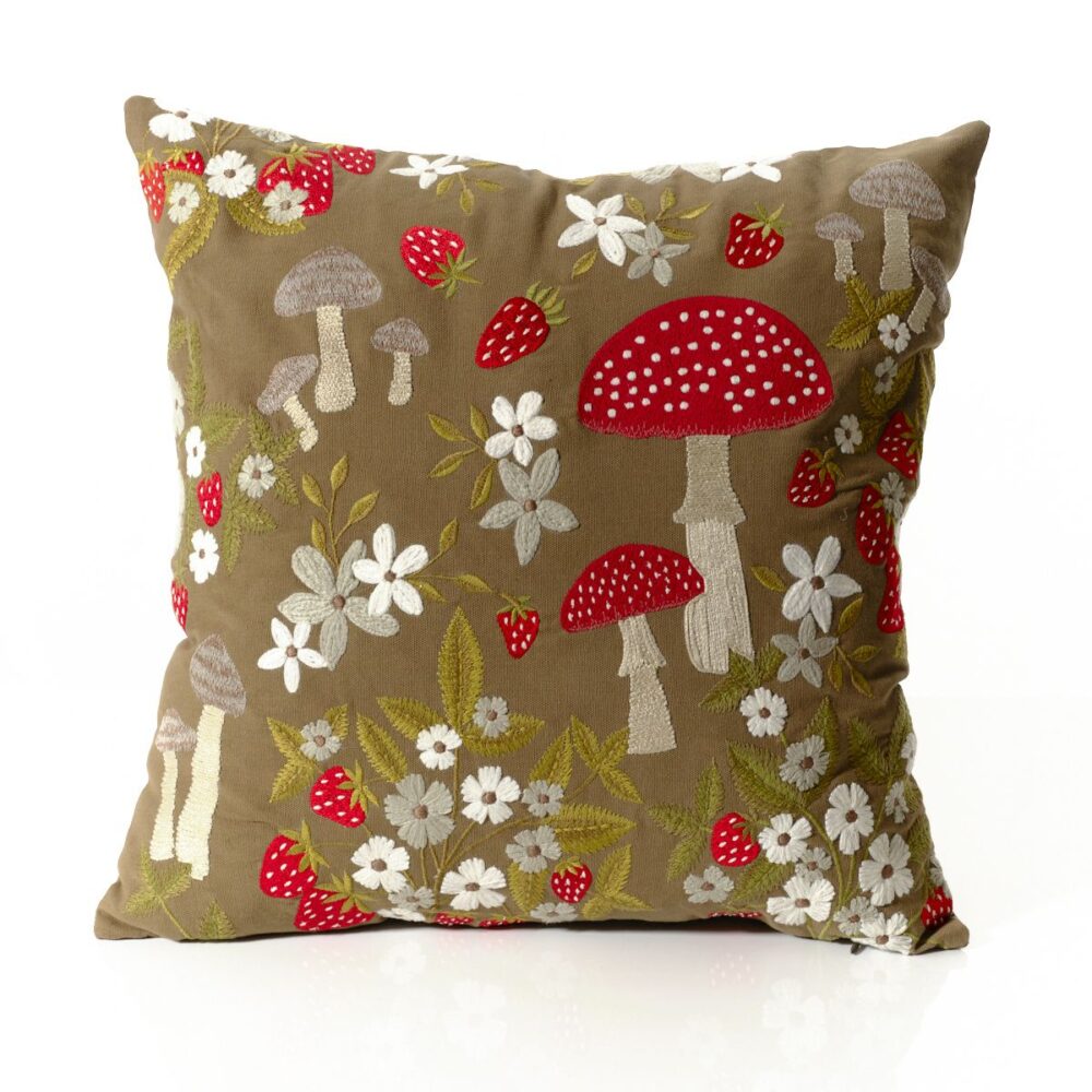 Toadstool Tales 100% Cotton Embroidered Red Spot Mushroom Green Square Cushion with Flowers - Langs - Image 2