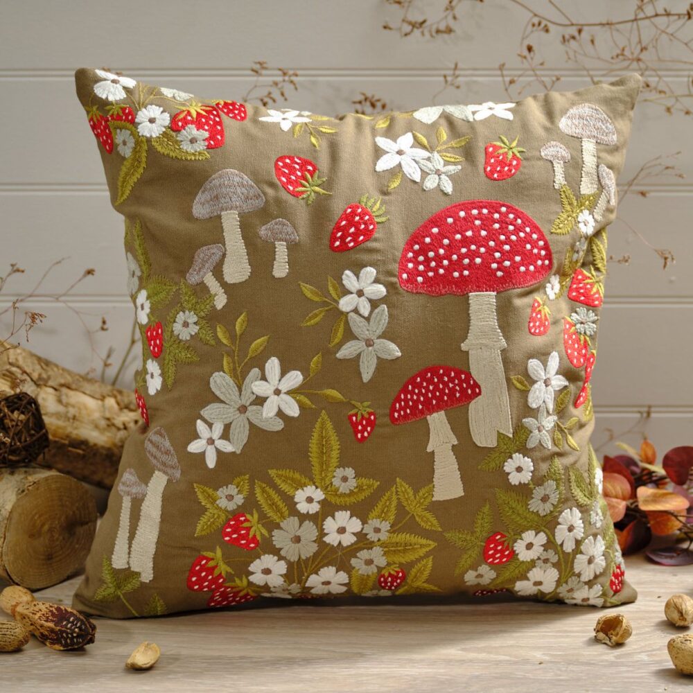 Toadstool Tales 100% Cotton Embroidered Red Spot Mushroom Green Square Cushion with Flowers - Langs