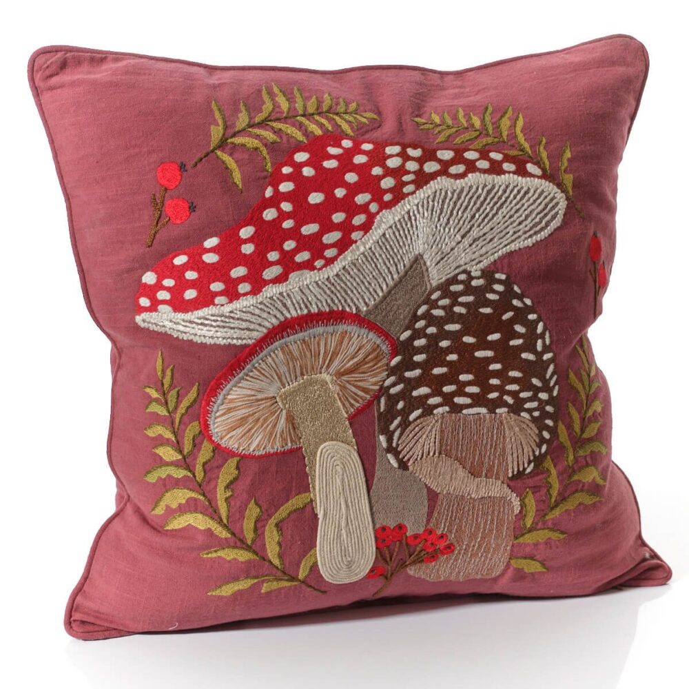 Toadstool Tales 100% Cotton Embroidered Red Spot Mushroom Berry Red Square Cushion with Flowers - Langs - Image 2