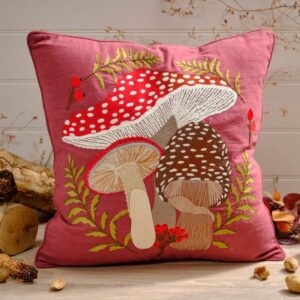Toadstool Tales 100% Cotton Embroidered Red Spot Mushroom Berry Red Square Cushion with Flowers  - Langs