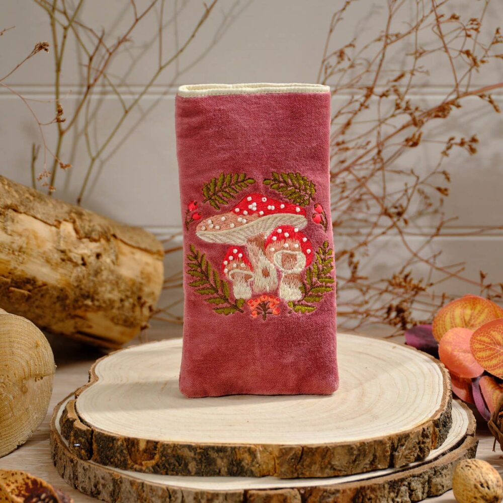 Toadstool Tales Embroidered Red Velvet Glasses Case Pouch with Glass Bead Detail - Langs - Image 3