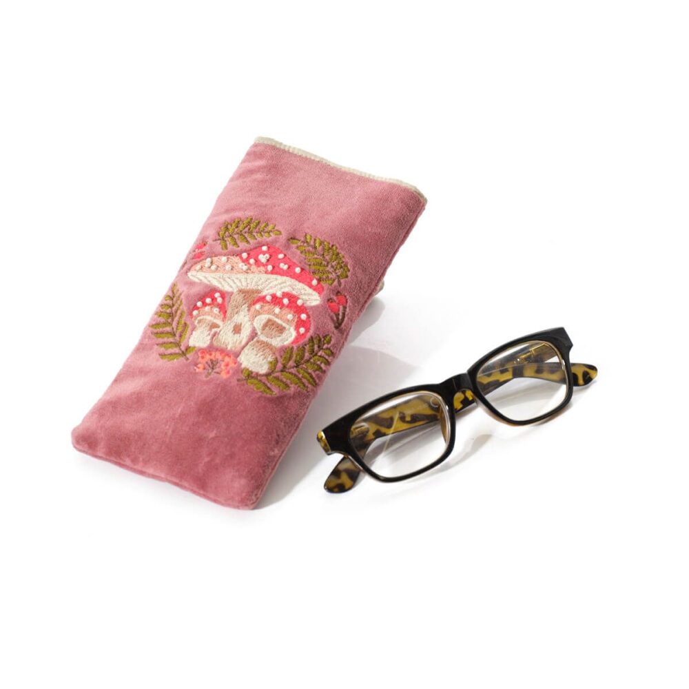 Toadstool Tales Embroidered Red Velvet Glasses Case Pouch with Glass Bead Detail - Langs - Image 2