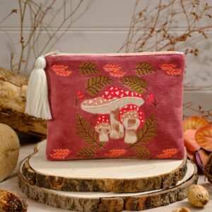 Toadstool Tales Embroidered Red Velvet Make Up Bag / Pouch with Glass Bead Detail - Langs