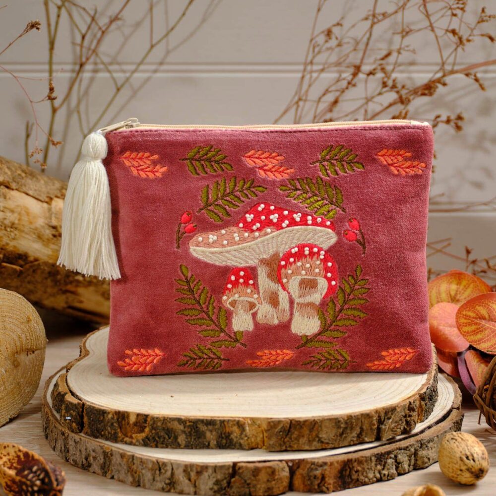 Toadstool Tales Embroidered Red Velvet Make Up Bag / Pouch with Glass Bead Detail - Langs
