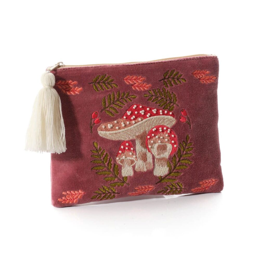 Toadstool Tales Embroidered Red Velvet Make Up Bag / Pouch with Glass Bead Detail - Langs - Image 2
