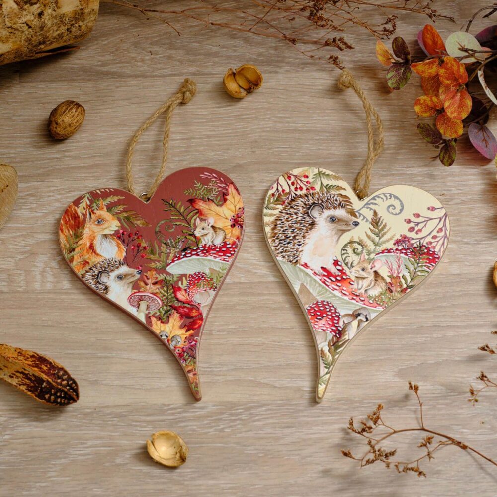 Toadstool Tales Red Wooden Hanging Heart Plaque with Woodland Animals Design - Image 3