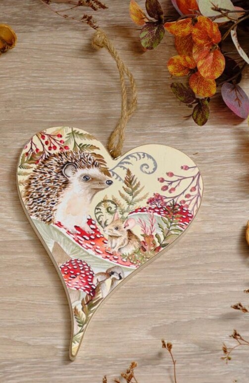Toadstool Tales Cream Wooden Hanging Heart Plaque with Woodland Animals Design