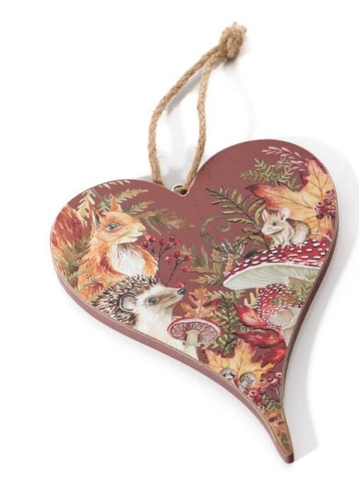 Toadstool Tales Red Wooden Hanging Heart Plaque with Woodland Animals Design - Image 2