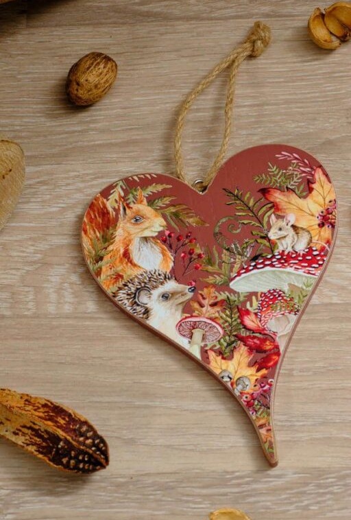 Toadstool Tales Red Wooden Hanging Heart Plaque with Woodland Animals Design