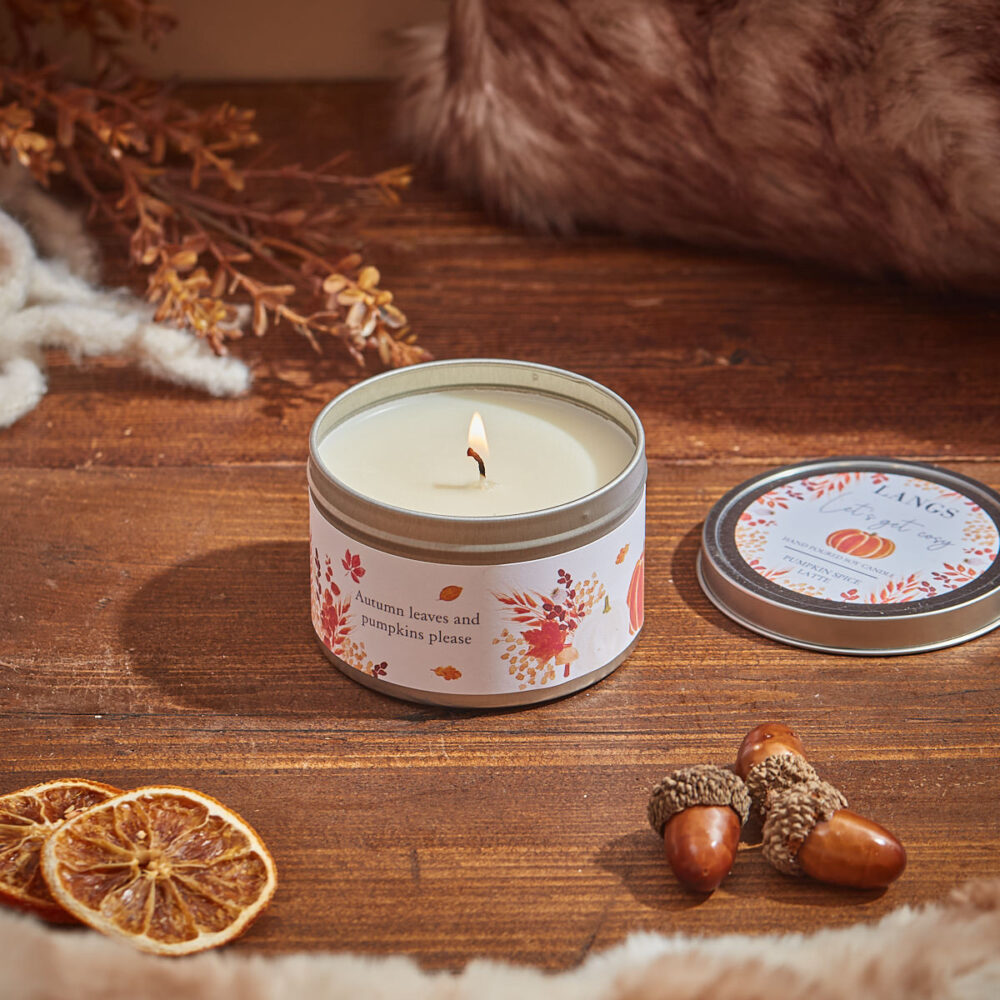 Pumpkin Spice Latte Tinned Scented Candle - 'Lets Get Cosy Autumn Leaves and Pumpkin Please'