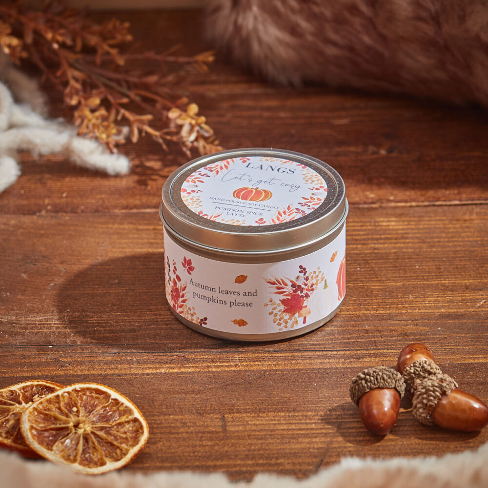 Pumpkin Spice Latte Tinned Scented Candle - 'Lets Get Cosy Autumn Leaves and Pumpkin Please' - Image 2
