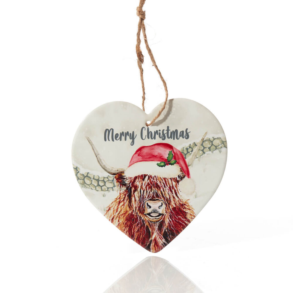 ‘Merry Christmas’ Highland Cow Ceramic Hanging Heart Plaque - Langs - Image 2