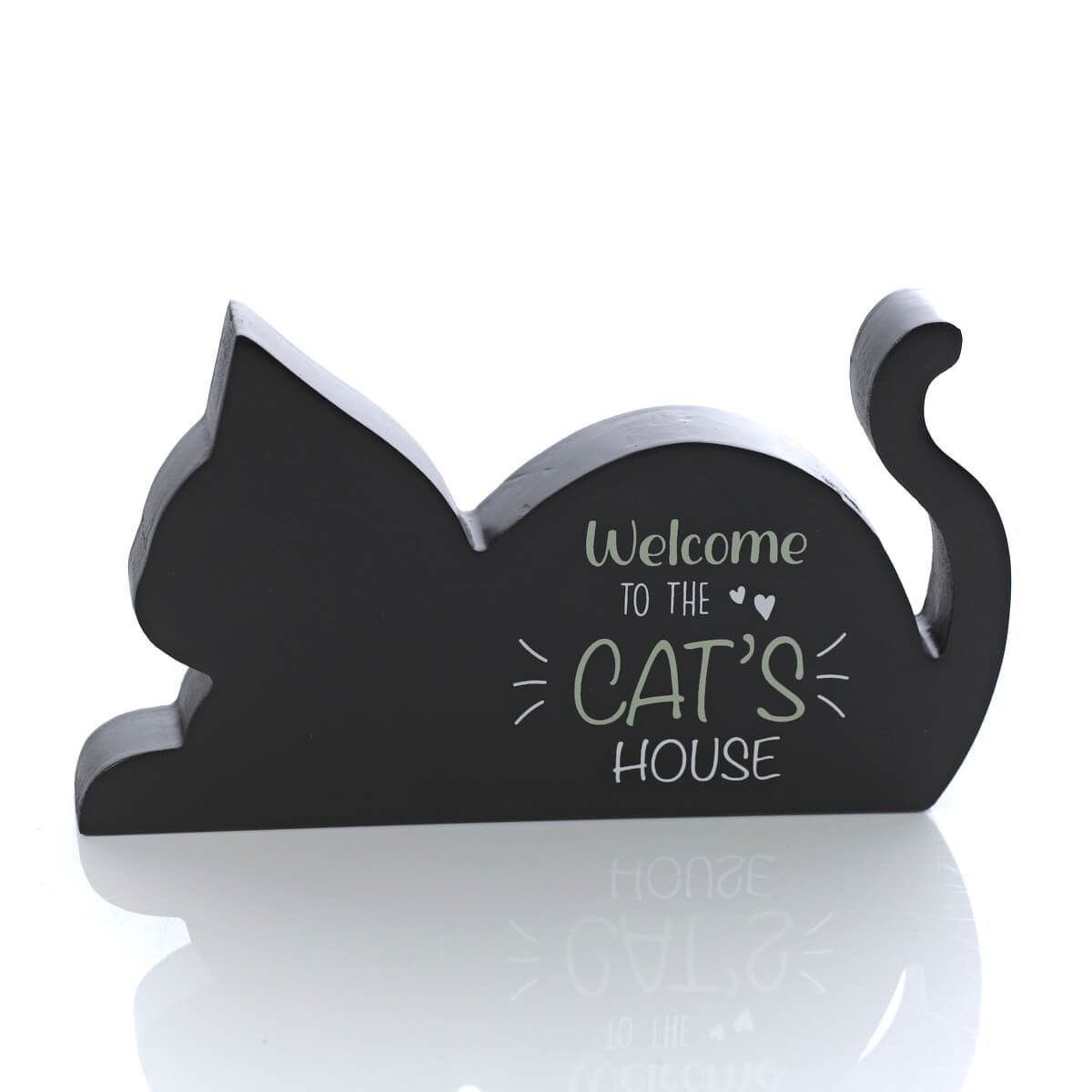 'Welcome to the Cat's House' Black Cat Silhouette Standing Wooden Block Plaque - Langs - Image 2
