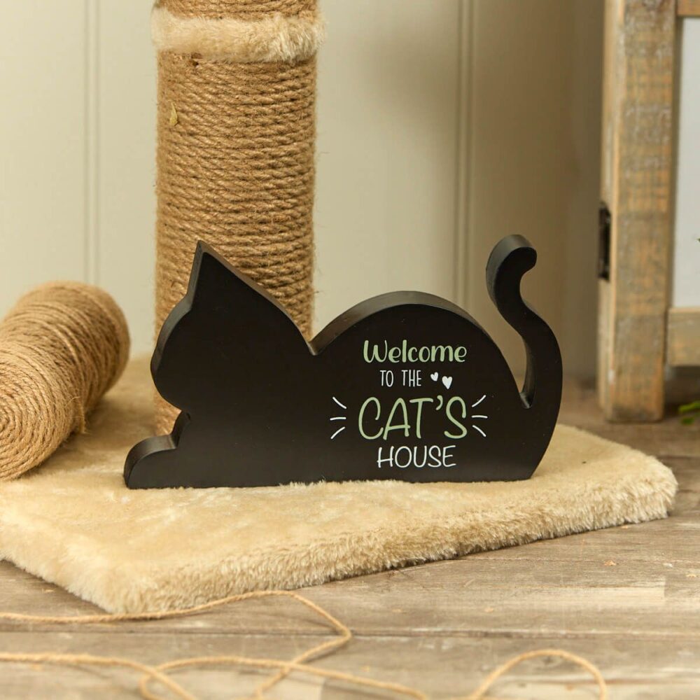 'Welcome to the Cat's House' Black Cat Silhouette Standing Wooden Block Plaque - Langs