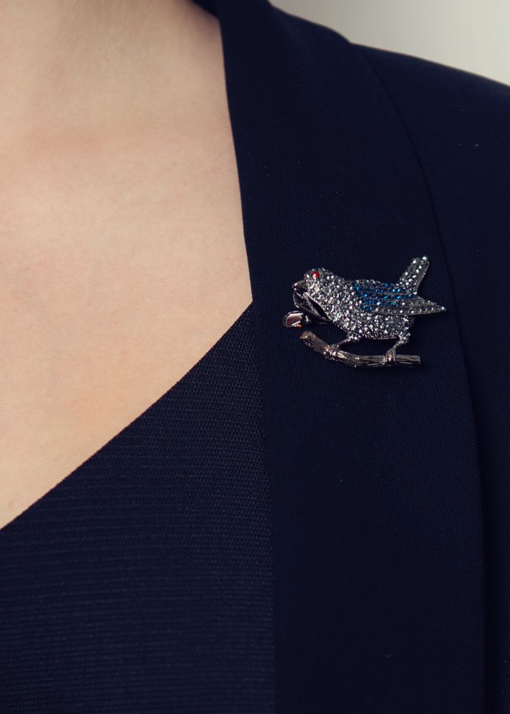 Rosie Fox Pewter Crystal Finch Bird Brooch and Hair Clip - Image 2