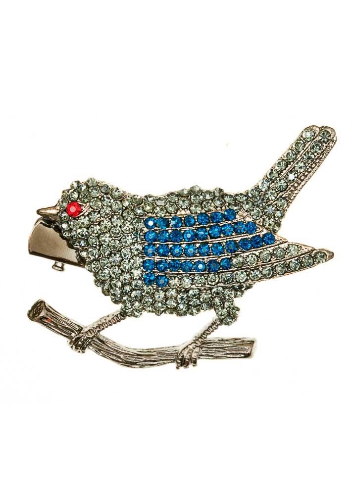 Rosie Fox Pewter Crystal Finch Bird Brooch and Hair Clip
