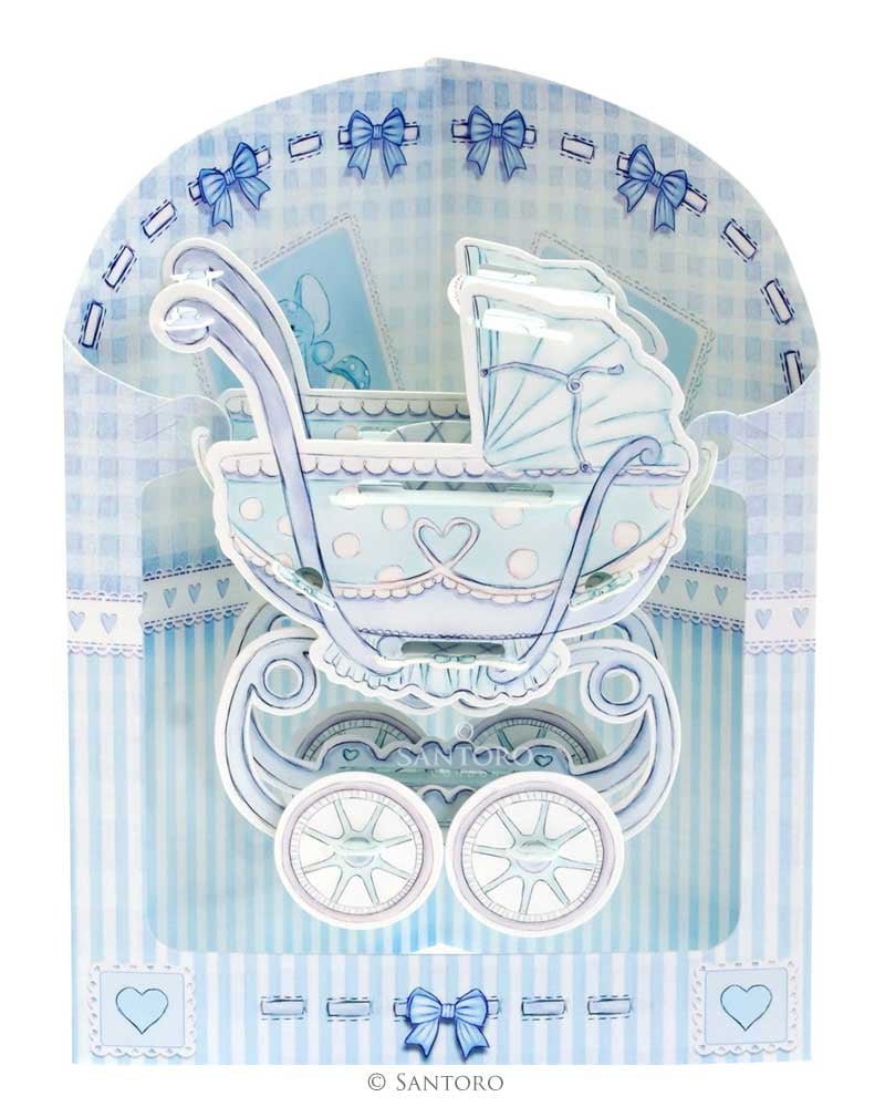 Santoro Blue Baby Boy Pram 3D Pop-Up Swing Card - Greetings and Birthday Card
