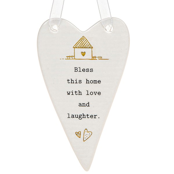 'Bless This Home With Love and Laughter' Ceramic Heart Hanging Plaque - Thoughtful Words