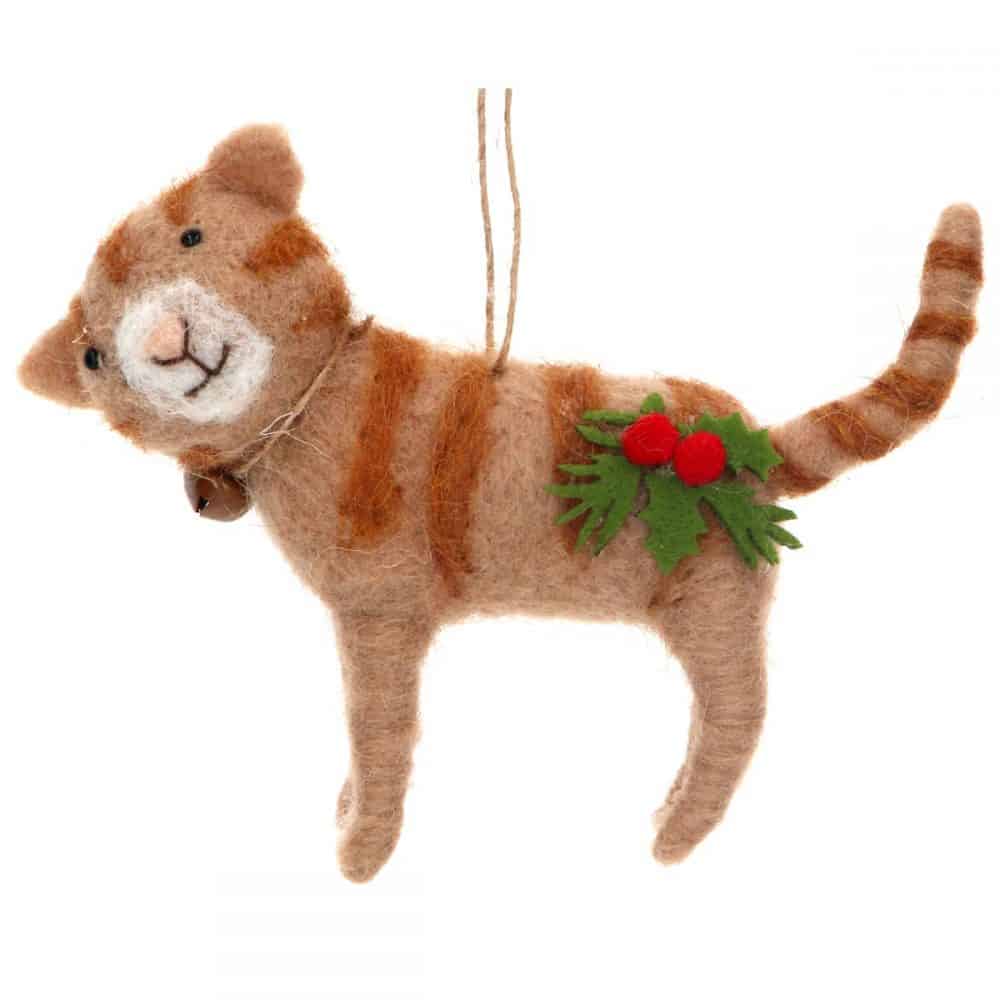 Felted Wool Ginger Cat with Holly Hanging Decoration - Gisela Graham