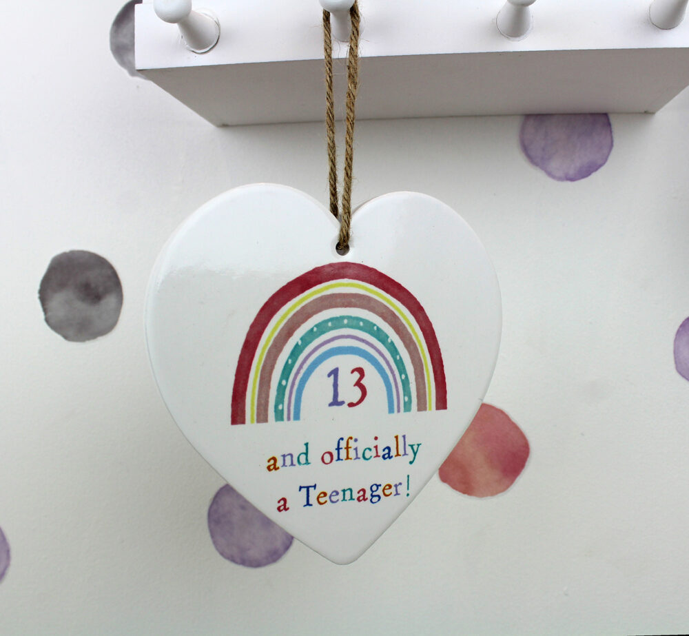 '13 and Officially a Teenager' Rainbow Ceramic Hanging Heart -- Langs
