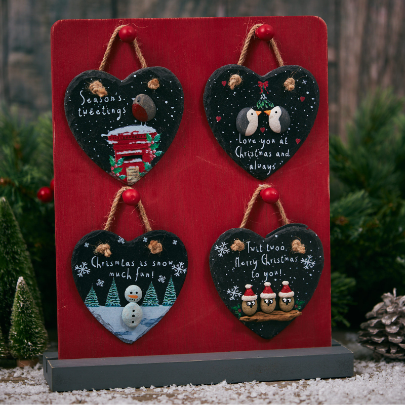 Pebble Snowman 'Christmas Is Snow Much Fun' Christmas Slate Heart Hanging Plaque - Langs - Image 2