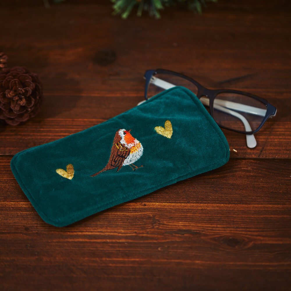 Embroidered Robin Velvet Glasses Case - Langs