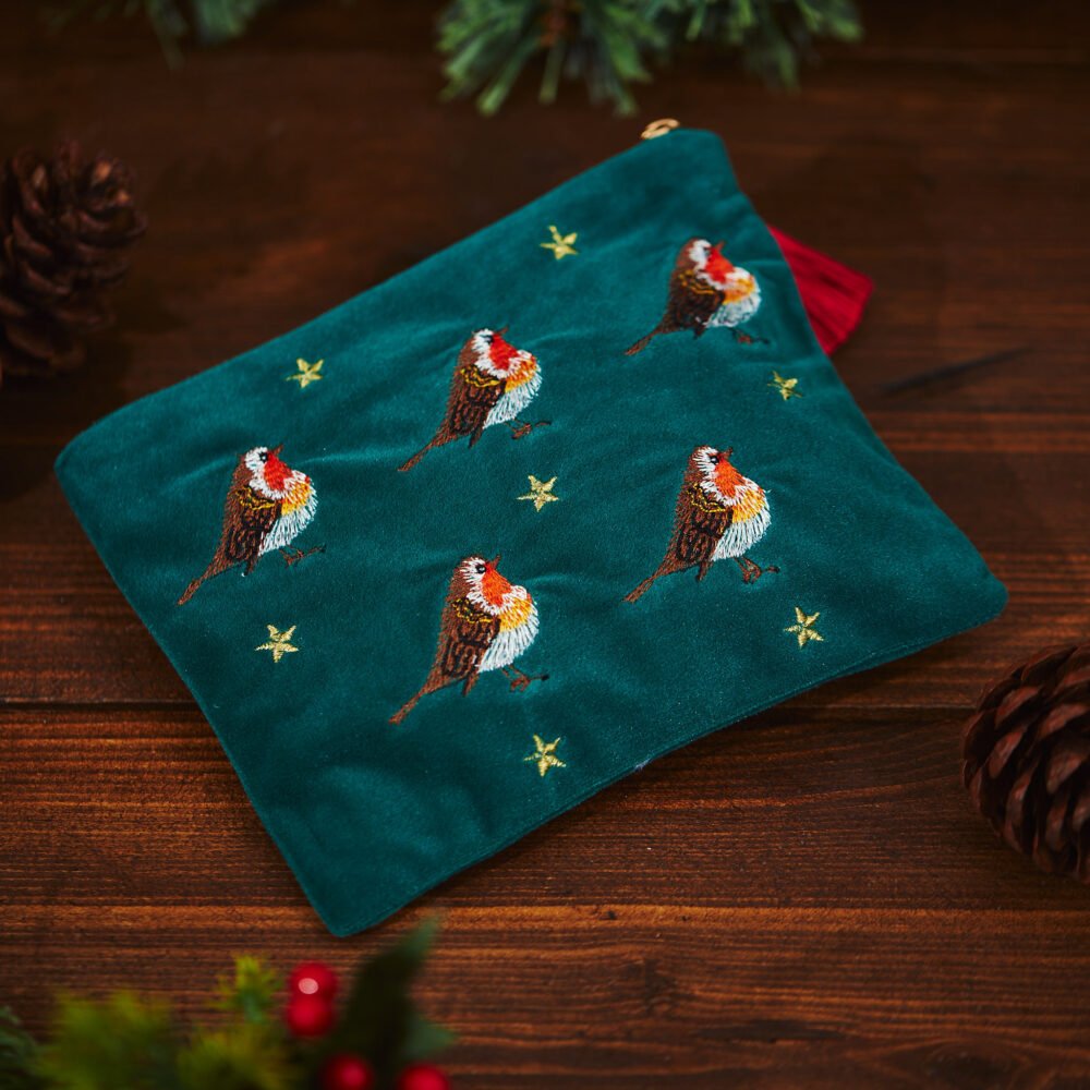 Embroidered Robin Velvet Pouch - Langs