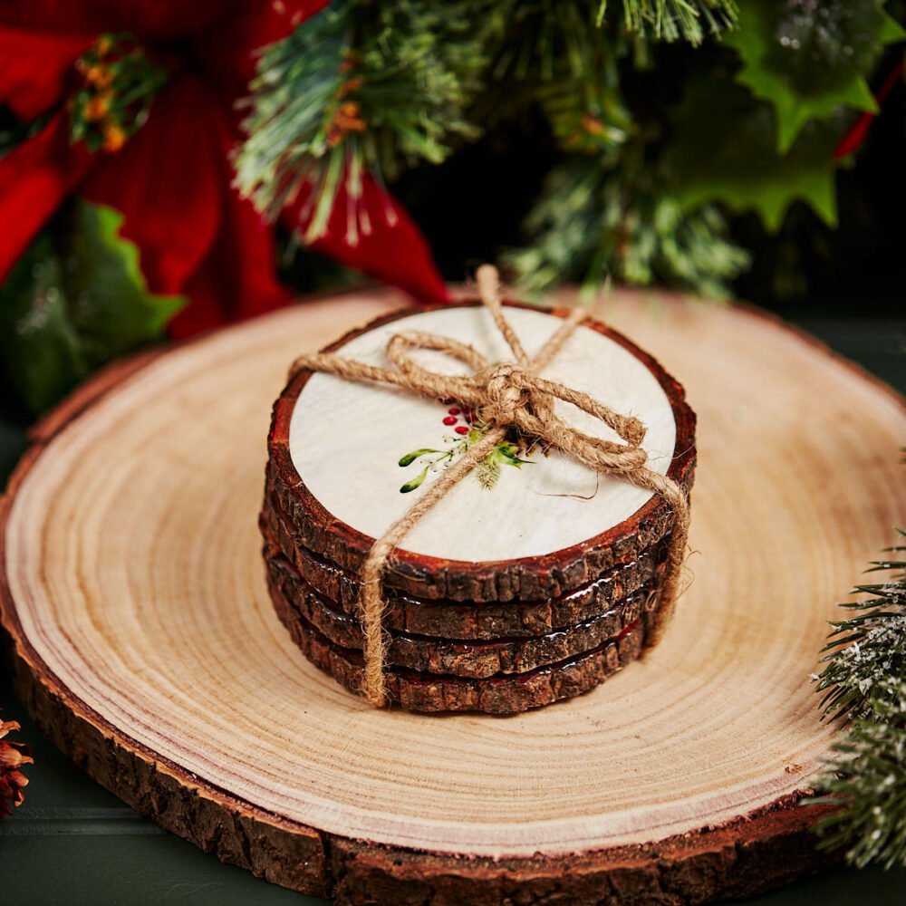 Rustic Glazed Log Slice Coaster Set of 4 With Festive Holly Design - Langs